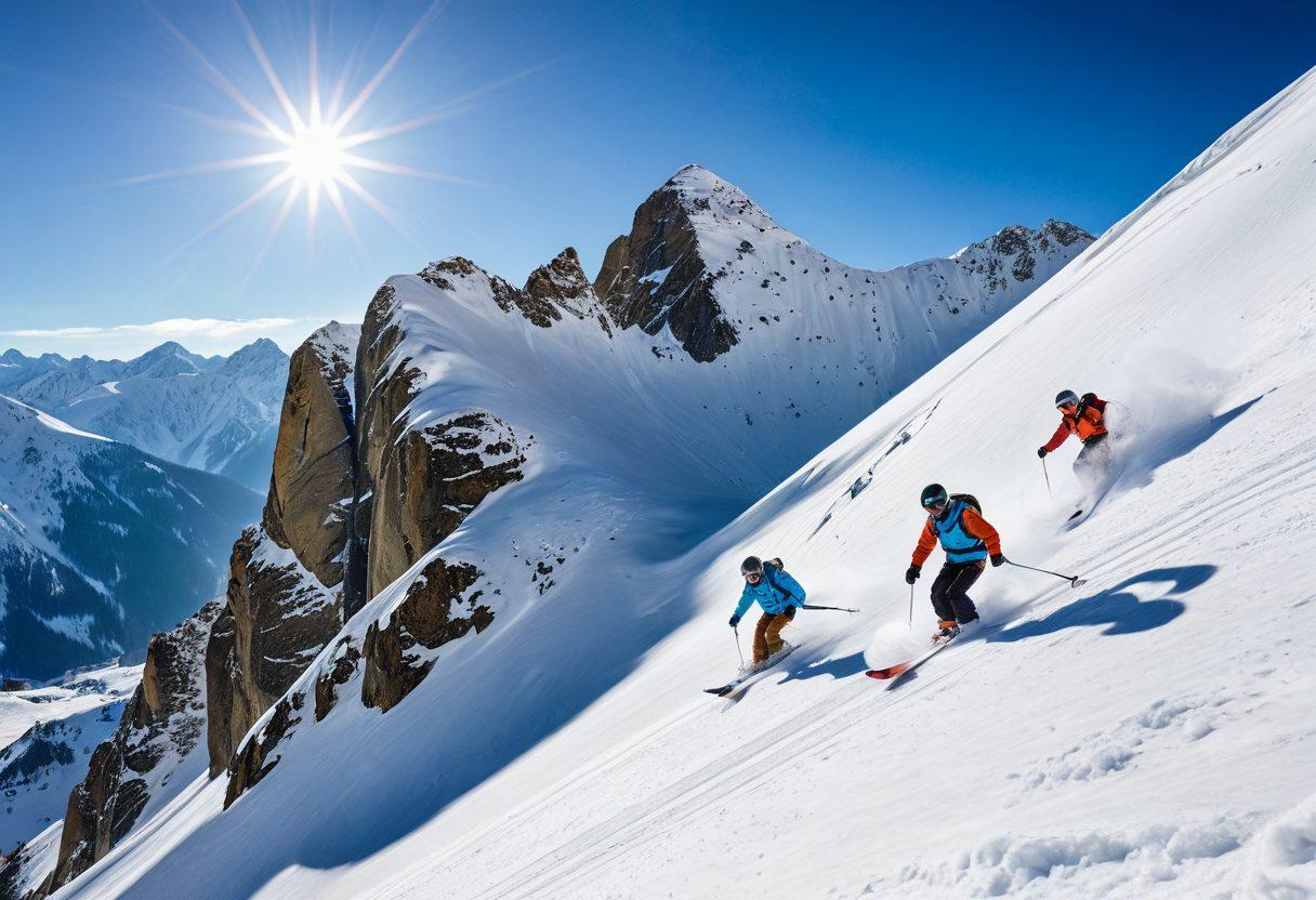 A breathtaking winter landscape capturing a group of adventurous individuals snowboarding and skiing down a steep slope, with snowflakes sparkling in the sunlight. In the background, majestic mountains rise under a clear blue sky, while a few thrill-seekers glide effortlessly, showcasing the excitement of extreme winter activities. The image should evoke a sense of adventure and exhilaration. super-realistic. vibrant colors. white background.