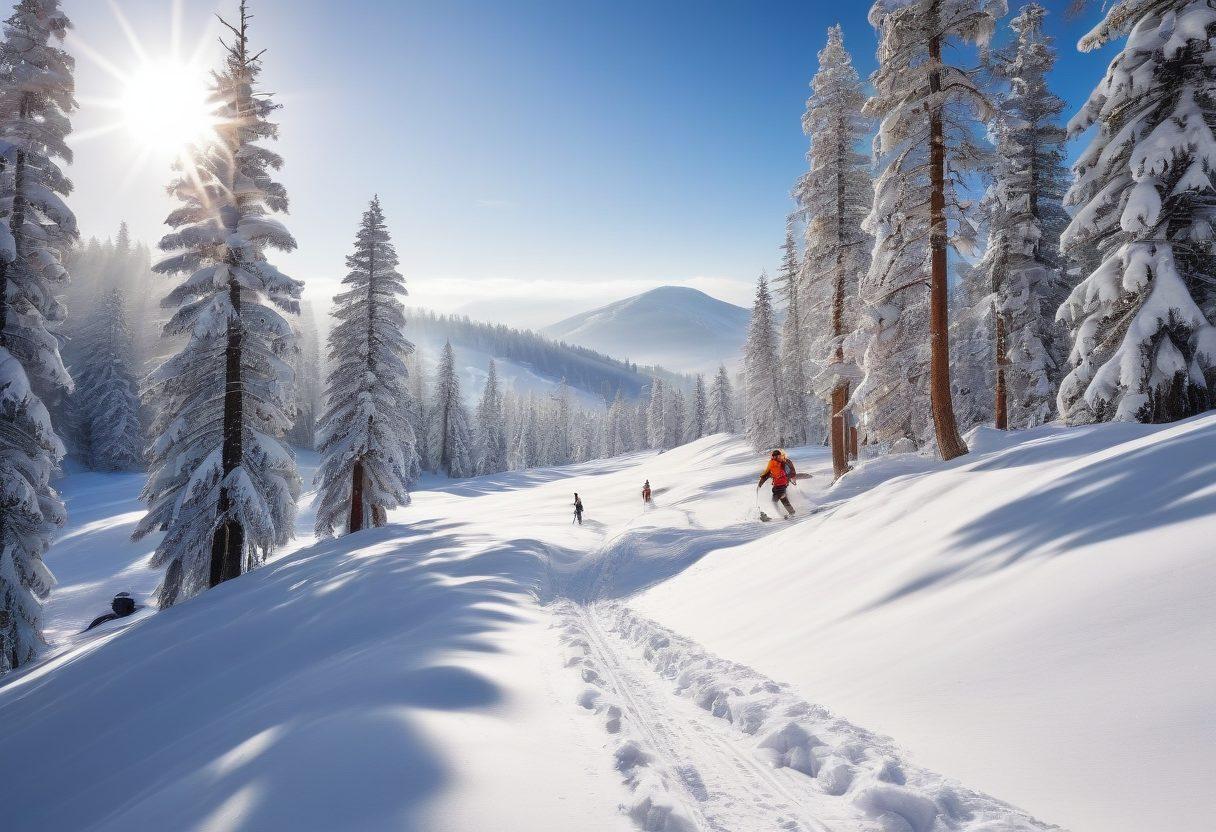 A snowy landscape with people skiing and snowboarding joyfully down a slope, the bright sun reflecting off the fresh snow, creating a sense of exhilaration. In the background, towering pine trees covered with snow, with cheerful faces and colorful winter attire. The scene conveys a feeling of freedom and happiness in a winter wonderland. super-realistic. vibrant colors. white background.